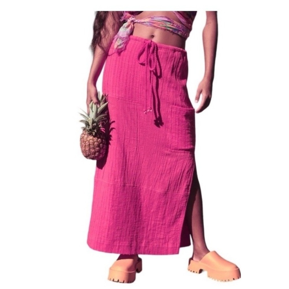 Free People Hot Pink Cotton Gauze Maxi Skirt XS Side Slit Rope Drawstring Boho